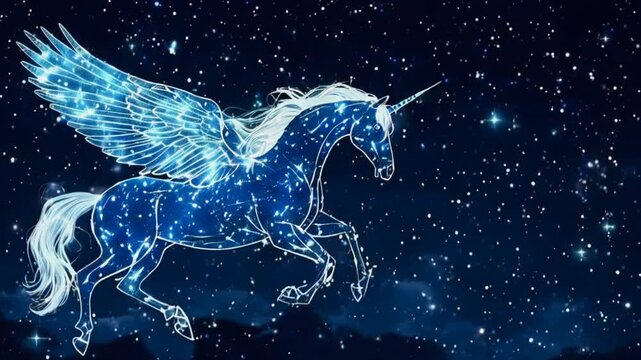 A celestial winged unicorn with a starry mane and horn soars through a galaxy of twinkling stars against a dark blue night sky.
