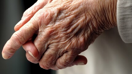 Fototapeta premium Close-up of an elderly person hand with swollen joints, showing visible signs of arthritis and pain