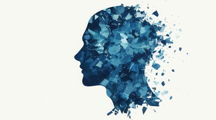 A person surrounded by shattered glass, representing the fragility of mental health, digital illustration, isolated on white background