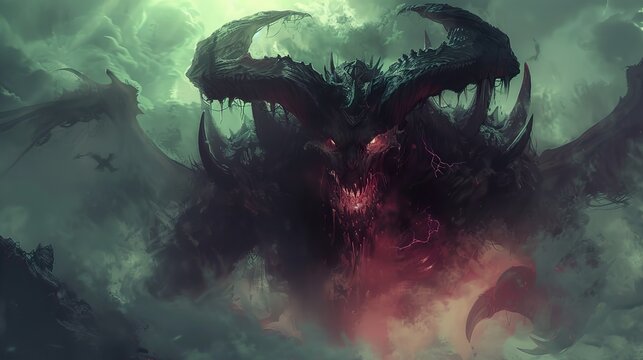A terrifying, dark, red-eyed, horned beast with massive wings and glowing mouth, standing in a dark, stormy sky.
