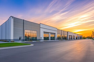 Obraz premium Modern Industrial Warehouse at Sunset with Clear Sky, ai