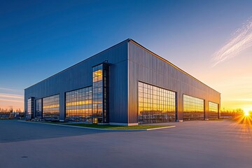 Fototapeta premium Modern Industrial Warehouse at Sunset with Clear Sky, ai
