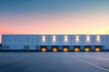 Obraz premium Modern Industrial Warehouse at Sunset with Clear Sky, ai