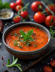 Gourmet tomato gazpacho with herbs and spices in a rustic bowl, top view on dark background