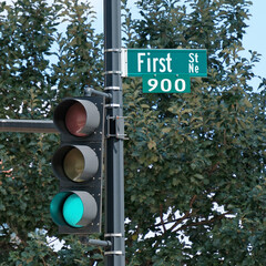 City Street Sign and Traffic Light