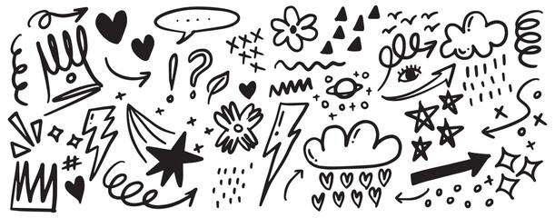 Obraz premium Hand-Drawn Doodle Elements with Stars, Arrows, Hearts, and Lightning | Abstract Vector Icons for Creative Design and Artistic Projects | Sketchy Symbols Collection