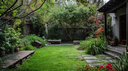 A lush, green backyard with a wooden bench, stone pathway, and a wooden deck.