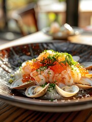 Hokkigai sashimi, surf clam sushi, traditional Japanese sashimi on ceramic plate, close up photo with light background