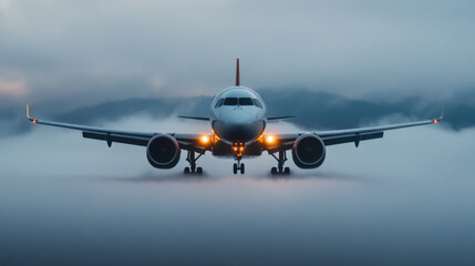 Fototapeta premium A commercial airplane approaches for landing in foggy, misty weather, with landing lights on, creating a dramatic and moody atmosphere.