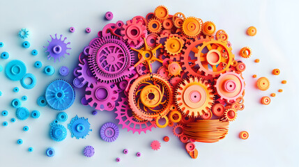 Abstract brain made of colorful gears and cogs represents the complex thought process and collaboration of creativity.
