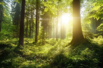 Obraz premium Serene Sunlit Forest with Lush Green Undergrowth - Peaceful Woodland Landscape , ai