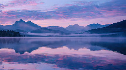 Fototapeta premium Peaceful Morning at the Lake with Still Water and Mist Rising from the Surface