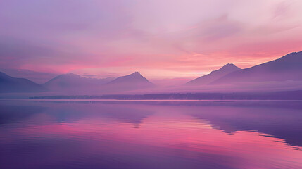Tranquil Lakeside at Dawn with Mountain Reflections and Vibrant Sky Colors