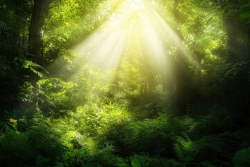 Obraz premium Serene Sunlit Forest with Lush Green Undergrowth - Peaceful Woodland Landscape , ai