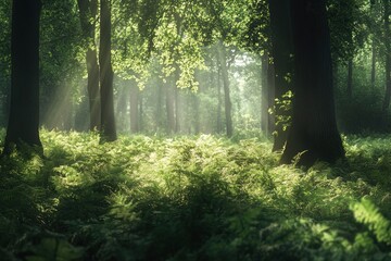 Obraz premium Serene Sunlit Forest with Lush Green Undergrowth - Peaceful Woodland Landscape , ai