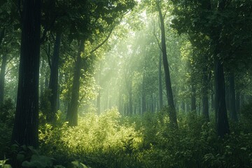 Fototapeta premium Serene Sunlit Forest with Lush Green Undergrowth - Peaceful Woodland Landscape , ai