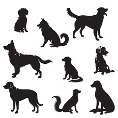 set of black dogs silhouettes on white	
