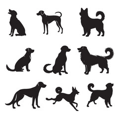 set of black dogs silhouettes on white	
