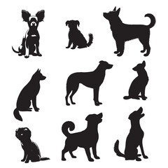 set of black dogs silhouettes on white	
