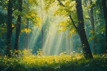 Obraz premium Serene Sunlit Forest with Lush Green Undergrowth - Peaceful Woodland Landscape , ai
