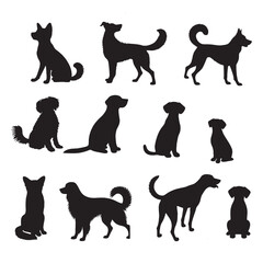 set of black dogs silhouettes on white	
