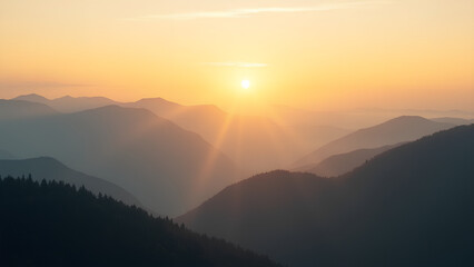 Obraz premium Mystical Morning in the Mountain Range Dawn Light Bathing the Serene Hills Golden Sunrise Over Misty Mountain Layers