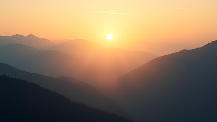 Fototapeta premium Mystical Morning in the Mountain Range Dawn Light Bathing the Serene Hills Golden Sunrise Over Misty Mountain Layers