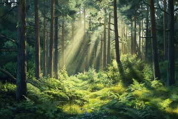 Obraz premium Serene Sunlit Forest with Lush Green Undergrowth - Peaceful Woodland Landscape , ai