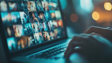 Closeup of a Laptop Screen Showing a Grid of Images with Hands Typing on the Keyboard