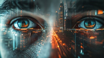 Close-up of human eyes reflecting a vibrant, futuristic cityscape with neon lights and digital elements, blending technology and human vision. This concept art captures a cyberpunk aesthetic, merging