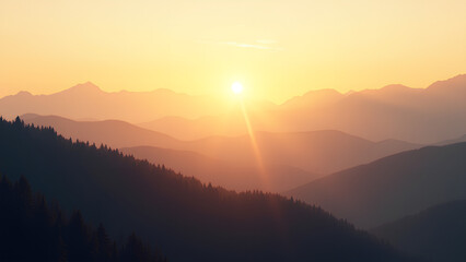 Obraz premium Mystical Morning in the Mountain Range Dawn Light Bathing the Serene Hills Golden Sunrise Over Misty Mountain Layers