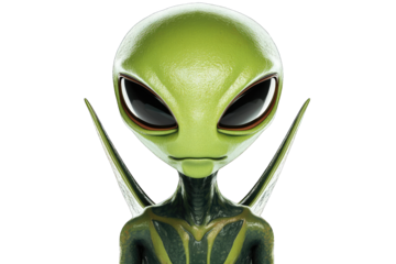 A detailed close-up of a fictional green alien with large eyes, showcasing its unique features and extraterrestrial appearance.