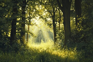 Fototapeta premium Serene Sunlit Forest with Lush Green Undergrowth - Peaceful Woodland Landscape , ai