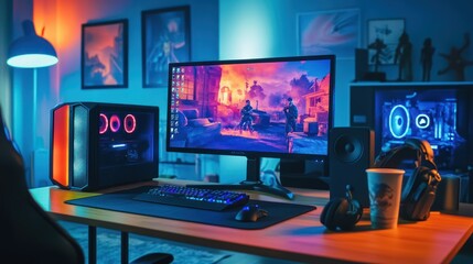 Naklejka premium Gamer Setup: Gaming Computer, Desk, and Accessories