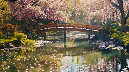 Serene Japanese Garden with Cherry Blossoms and Reflections on the Pond