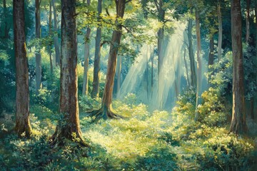 Fototapeta premium Serene Sunlit Forest with Lush Green Undergrowth - Peaceful Woodland Landscape , ai