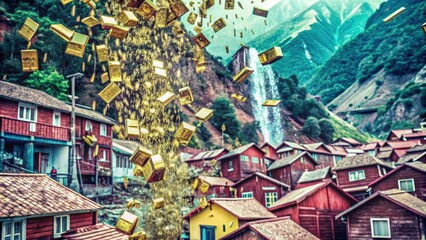 Obraz premium Golden Rain Falling on a Village in a Mountainous Landscape