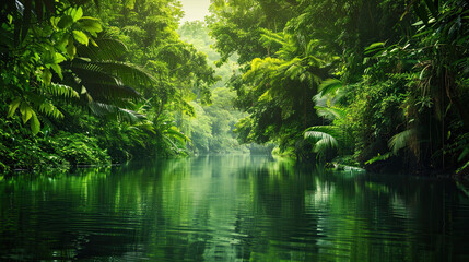 Obraz premium Jungle River Surrounded by Lush Greenery and Vibrant Canopy Reflections
