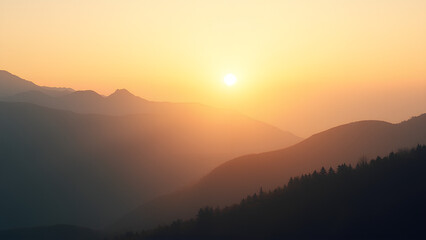 Mystical Morning in the Mountain Range Dawn Light Bathing the Serene Hills Golden Sunrise Over Misty Mountain Layers