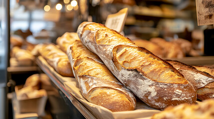 French baguette, with a crispy, golden crust and soft interior, displayed in a charming Parisian baker