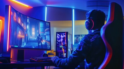 Gamer in a Neon Lit Room