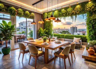 A cozy and modern dining room set nestled within a bustling city in Cyprus, surrounded by vibrant greenery