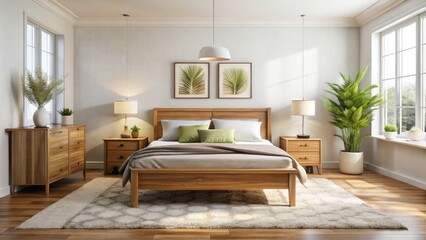 A cozy bedroom features a wooden bed frame, bedside tables, and dresser against a crisp white wall, set