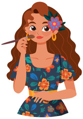 Woman in floral dress applying makeup