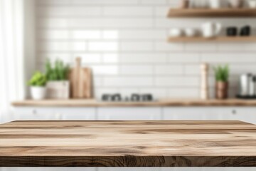 kitchen table background, wood counter top on blur of white clean abstract home interior with bokeh. used for display or montage your wooden for dining background, ai