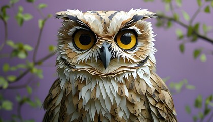 Whimsical paper cut fluffy owl with large eyes on soft lavender backdrop