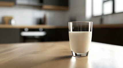 fresh milk on a sleek wooden table, set in a modern, minimalist kitchen environment