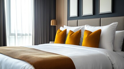 A hotel room with a large bed and fluffy white pillows.