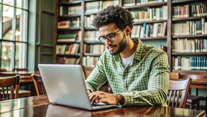 Young Man Working on Laptop in Library.