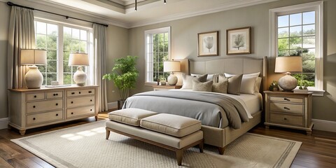 A neutral-toned bedroom is designed with a queen-size bed, two nightstands, and a dresser, creating a calm and